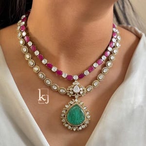 Emerald Polki Layered Kundan Necklace Sabyasachi Inspired Two Layer Indian Necklace High Quality Moissanite Polki Diamond Necklace Set