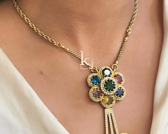 Collar Kundan Navratan Polki multicolor estilo vintage con borla arcoíris, inspirado en Sabyasachi. Regalo para ella.
