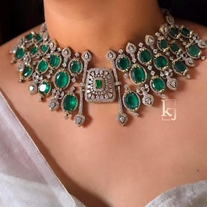 Emerald Green CZ Diamond Necklace Set: Indian Bollywood Jewelry image 1