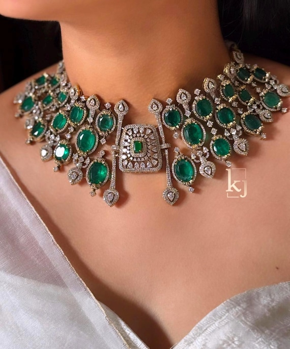 Emerald Green CZ Diamond Necklace Set: Indian Bollywood Jewelry