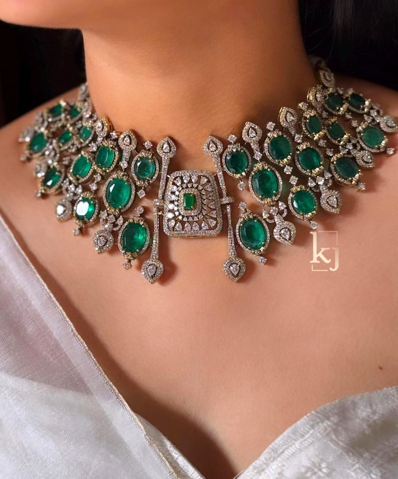 Emerald Green CZ Diamond Necklace Set: Indian Bollywood Jewelry image 1