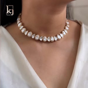 Uncut Polki Kundan Necklace Set Gold Plated Finish | Designer Polki Necklace | Indian Jewelry Kundan Necklace | Pakistani Jewelry Set