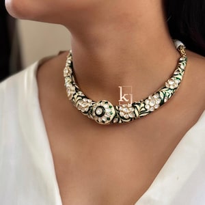 Meenakari Kundan Hasli Necklace Set, Uncut Polki, Bollywood Jewelry