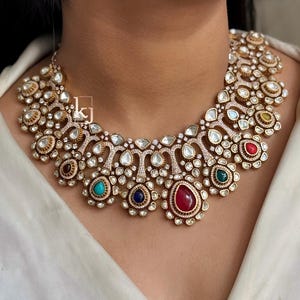 Sabyasachi Inspired Kundan Navratan Necklace Set, Indian Jewelry, Polki Necklace Multi Necklace Set Bollywood Jewelry Bridal Jewellery Set