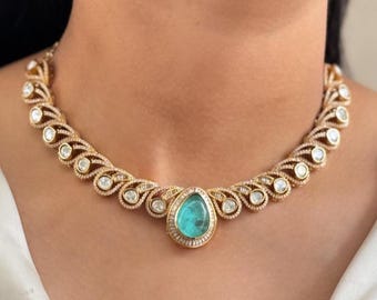 gioielli indiani, collana verde, gioielli fatti a mano, collana minimalista con moissanite