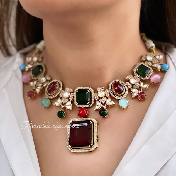 Shop for Stunning Indian Diamond Necklace Set for Bridal Jewellery | Traditional Multicolor Gemstone Necklace and Polki Jewellery Set