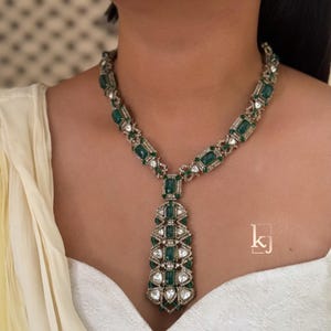 Premium Sabaysachi Inspired Long Antique Victorian Gold Uncut Moissanite Polki Kundan Emerald Green Necklace with Earrings Green Pendant Set