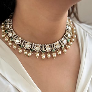 Sabyasachi Inspired Premium Emerald Green Uncut Moissanite Polki Kundan Set Pearl Necklace Bollywood Jewelry Pakistani Jewelry Gift For Her