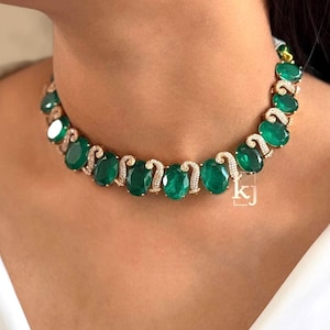 Handmade Oval Cut Emerald Green Stone Necklace, Statement Moissanite Jewelry, Gift For Her