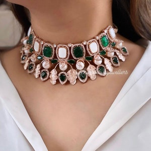 Sabyasachi Inspired Heavy Emerald Green Choker Bridal Choker Necklace Set Wedding Jewelry/Pakistani Set/ Handmade Choker Set Wedding Jewelry