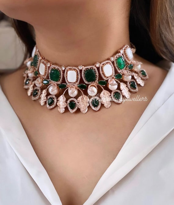 Sabyasachi Inspired Heavy Emerald Green Choker Bridal Choker Necklace Set Wedding Jewelry Pakistani Set Handmade Choker Set Wedding Jewelry