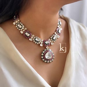 Sabyasachi Inspired Uncut Polki Kundan Jewelry Set with Pink Kundan Polki Necklace Set Indian Jewelry Set Wedding Necklace Designer Jewelry