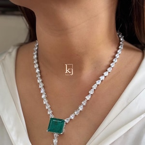 Emerald CZ diamond Bridal Necklace Jewelry,Indian Pakistani wedding Jewelry,Mother of the Bride, Long Crystal Necklace, Bridesmaid,Gift