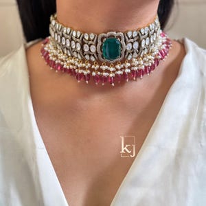 Premium Amrapali Inspired Green Emerald Choker Uncut Moissanite Polki Kundan Royal Choker Necklace Set Indian Wedding Bridal Jewelry