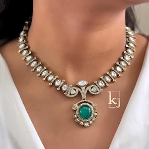 Sabyasachi Inspired Green Doublet Moissanite Kundan Jewelry Designer Necklace With Earrings Indian Pakistani Punjabi Wedding Jewelry