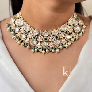 Sabyasachi Inspired Finest Quality Uncut Big Size Polki Kundan Green Bridal Necklace Set With Earrings Pakistan Set Indian Polki Necklace