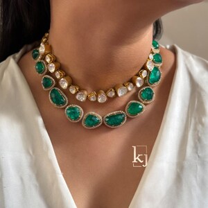 Emerald Green Stones Uncut Moissanite Polki Kundan Wedding Jewelry Necklace Set with Earrings Sabyasachi Jewelry Pakistani Jewelry