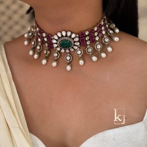 Emerald Polki Jewelry Green India Stone Choker Kundan Jewelry Uncut Polki Diamond Choker Moissanite Polki Necklace Sabyasachi Jewelry Set