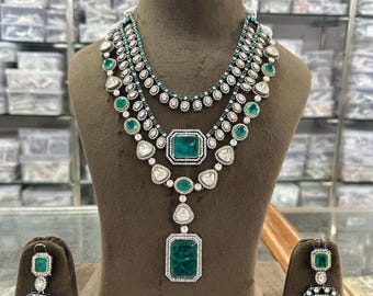 Emerald Green Kundan Polki Necklace Set, Bridal Choker, Indian Wedding Jewelry Gift