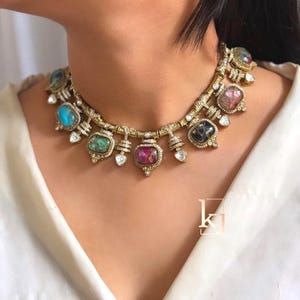 Navratna Kundan Necklace Set, Multi Stone Bridal Imitation Jewelry, Gold Plated Statement Set