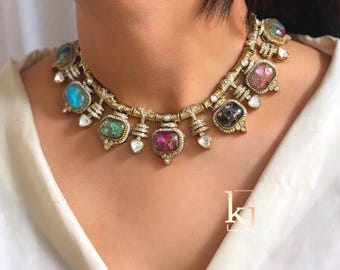 Navratna Kundan Necklace Set, Multi Stone Bridal Imitation Jewelry, Gold Plated Statement Set