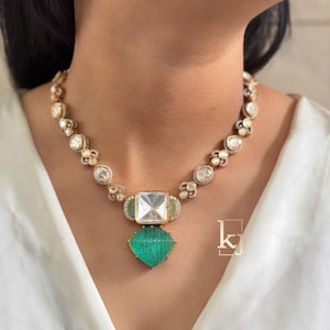 Sabyasachi Inspired Mint Green Doublet Stones Uncut Moissanite Polki Kundan Wedding Jewelry Necklace Set with Earrings Sabyasachi Jewelry