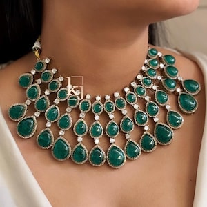 Sabyasachi inspired jewellery green necklace set uncut polki bridal necklace set in green polki kundan choker bridal necklace set green set