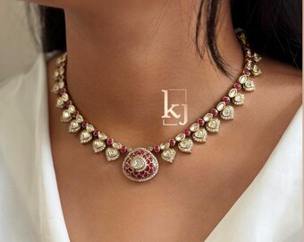 Kundan Polki Necklace Set, Emerald Bridal Jewelry, Handmade Jewelry