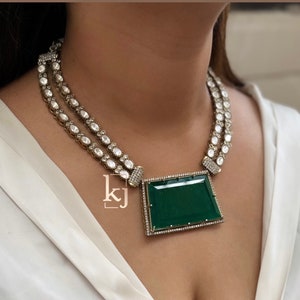 Fine Quality Hollywood Jewelry Sabyasachi inspired Long White Gold Plated Emerald Ruby Zirconium Diamond Necklace With Statement Earrings