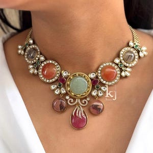 Polki Necklace Navratan Necklace Kundan Jewelry Sabyasachi Jewelry Moissanite Polki Diamond Necklace Unique India Bridal Necklace Set
