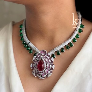 Sabyasachi Inspired Cubic Zircon Necklace Red Doublet Stone Necklace Set Indian Wedding Jewelry CZ Diamond Necklace Set Pakistani Jewelry