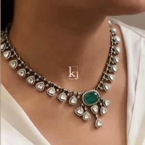 Victorian Finish Emerald Green Doublet Stones Uncut Moissanite Polki Kundan Wedding Jewelry Necklace Set with Earrings Sabyasachi Jewelry
