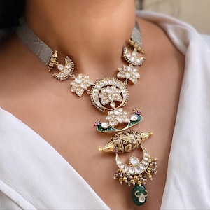 Conjunto de gargantilha vitoriana Kundan, colar de casamento vintage com moissanita, joia dourada marcante para presentear.