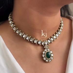Victorian Necklace Indian Jewelry| Sabyasachi Necklace| Indian Choker Punjabi Necklace | Bollywood Jewelry Doublet Emerald Necklace