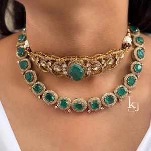 Emerald victorian uncut Polki Kundan Choker, Sabyasachi Designer necklace, Bollywood, Indian Pakistani Jewelry for Wedding, bridal jewelry