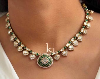 Kundan Polki Halskette Set: Smaragd Brautschmuck, Handgemachter Schmuck