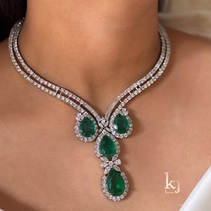 Layered Emerald American Diamond Necklace Set / CZ Necklace/Indian Jewelry/ Reception Jewelry/ Bollywood Jewelry/Silver White Necklace