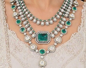 Emerald Green Kundan Polki Necklace Set, Bridal Choker, Indian Wedding Jewelry Gift