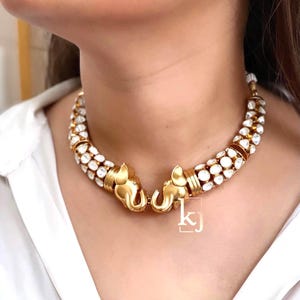 Antique Gold Tone Gaj Elephant Motif Design Kundan Necklace Set, Victorian Statement Jewelry