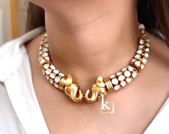 Antique Gold Tone Gaj Elephant Motif Design Kundan Necklace Set, Victorian Statement Jewelry