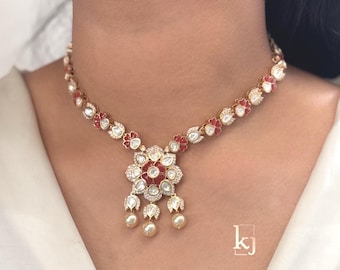 Red Kundan Polki Necklace Set - Indian Designer Jewelry, Gift For Her