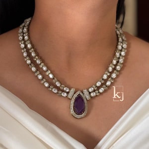 Fine Gold Finish Purple Doublet Stones Uncut Moissanite Polki Kundan Wedding Jewelry Necklace Set with Earrings Sabyasachi Jewelry Set
