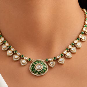 Kundan Polki Necklace Set, Emerald Bridal Jewelry, Handmade Jewelry