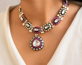 Ruby Kundan Necklace Set, Polki Bridal Jewelry, Green Meenakari Indian Wedding Necklace with Earrings