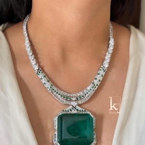 Luxury emerald green CZ diamond bridal necklace set with matching earrings, Indian Pakistani wedding jewelry for brides