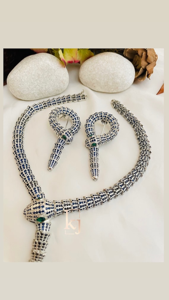 ★VINTAGE HOLLYWOOD★ Diagonal Snake Chain Necklace Hollywood Inspired Cz Diamond Snake Necklace Set/snake