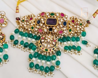 Victorian Kundan Polki Choker: Green Ruby, Emerald, Pearl Indian Jewelry Set