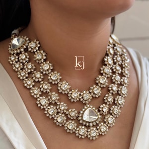 Premium Quality Long Three Layer Set With Earrings Uncut Polki Kundan Wedding Jewelry Necklace Indian Wedding Jewelry Big Kundan Necklace