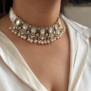 Premium Sabyasachi Jewellery Inspired Ruby Pink Uncut Moissanite Polki Kundan Choker Necklace With Earrings Indian Pakistani Bollywood Set