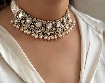 Premium Sabyasachi Jewellery Inspired Ruby Pink Uncut Moissanite Polki Kundan Choker Necklace With Earrings Indian Pakistani Bollywood Set